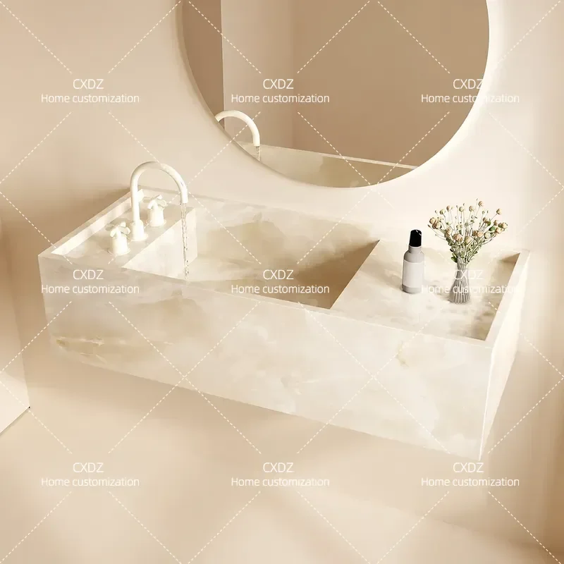Medieval Retro Topaz Marble Luxury Stone Slab with Narrow Edges and Deep Sink for Hand and Face Washing Bathroom Cabinet