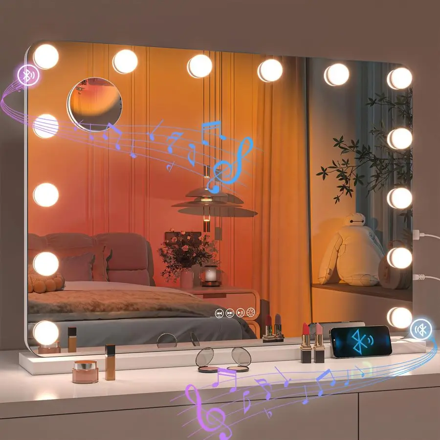 مرآة مكياج LED مع مكبر صوت بلوتوث، مرآة مكياج 28 × 20 مع أضواء وتكبير، مرآة هوليوود مع 3 ألوان