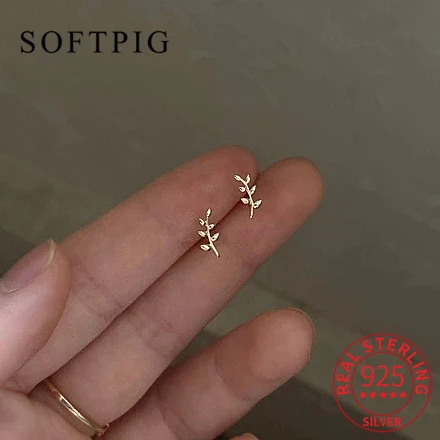 SOFTPIG Real 925 Sterling Silver Leaves Plant Stud 14k Gold Earrings For Women Cute Fine Jewelry Accessories Drop Shipping