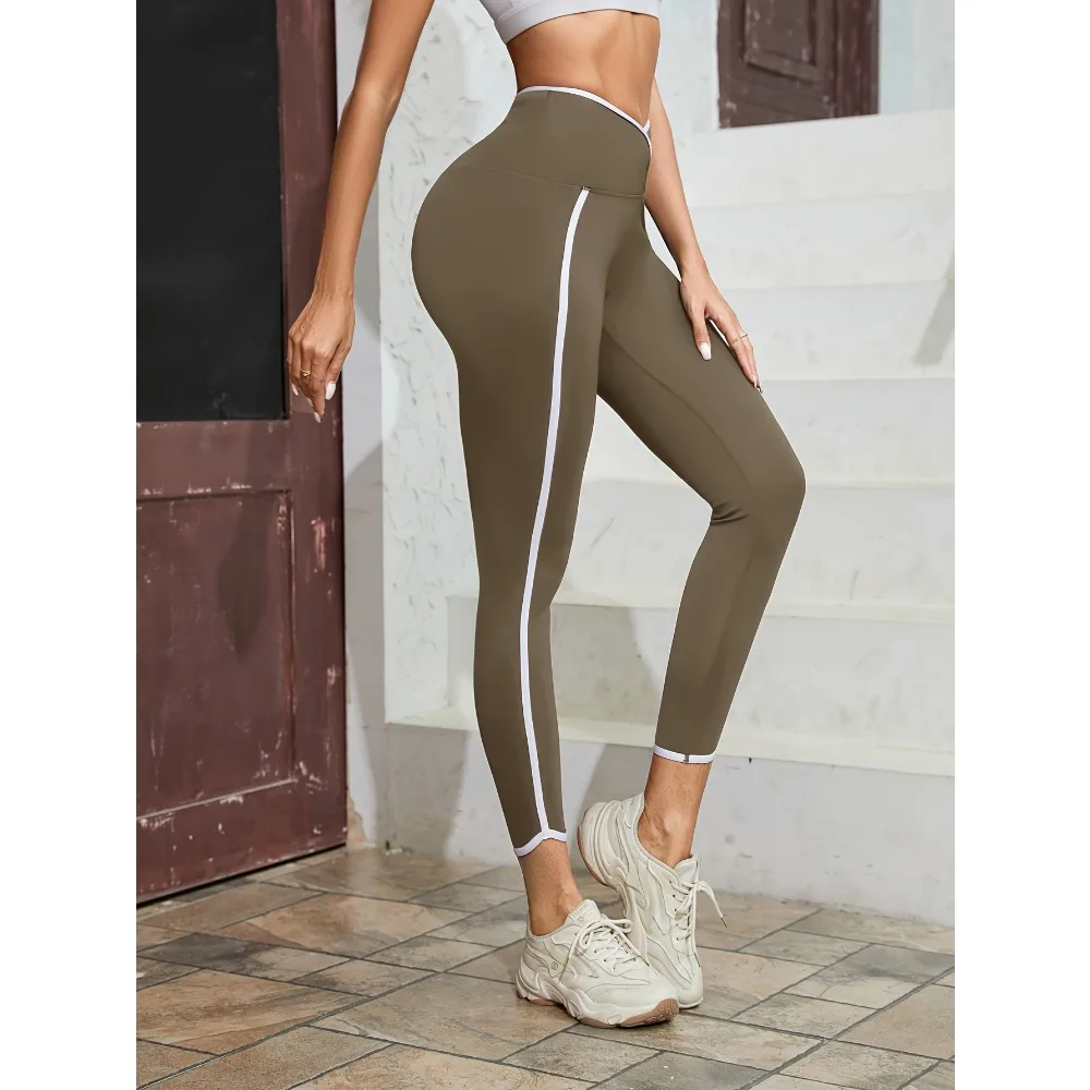 Cross-waist Contrast Color High-waist Sports Leggings, Running Exercise Fitness Yoga Leggings, Autumnwinter Womens Sportswear