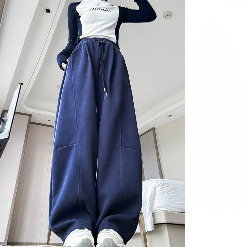 Pantalones de chándal de plátano azul marino para mujer, pantalones de primavera y otoño, nuevos pantalones de cimitarra holgados americanos, pantalones de chándal rectos ajustados de pierna ancha