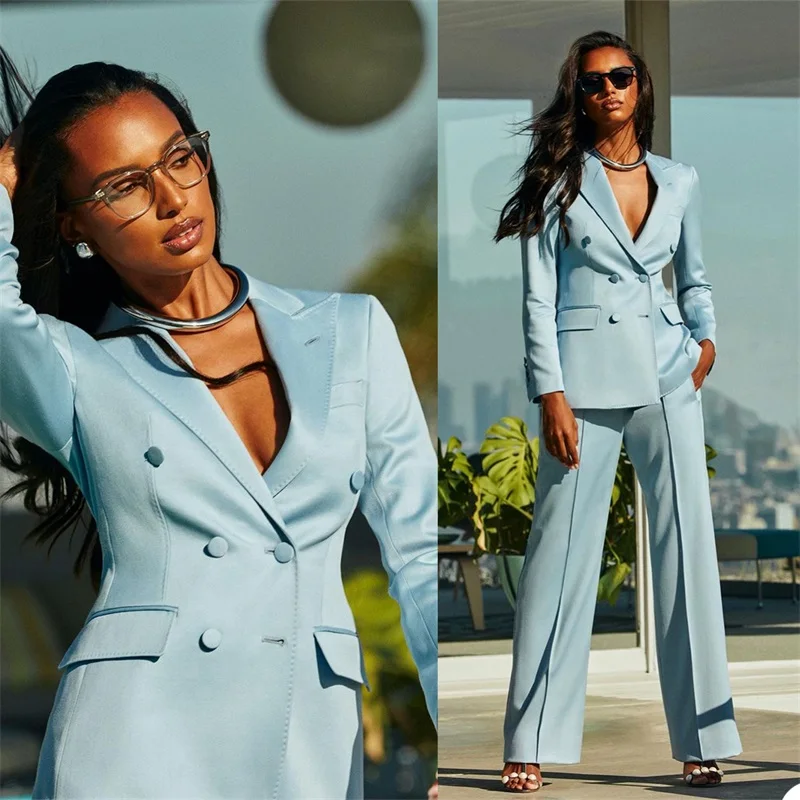 2 Piece Set (Jacket + Pants) Sexy Deep V Neck Women\'s Suit office business sets Double Breasted Formal Evening Prom Dress Custom