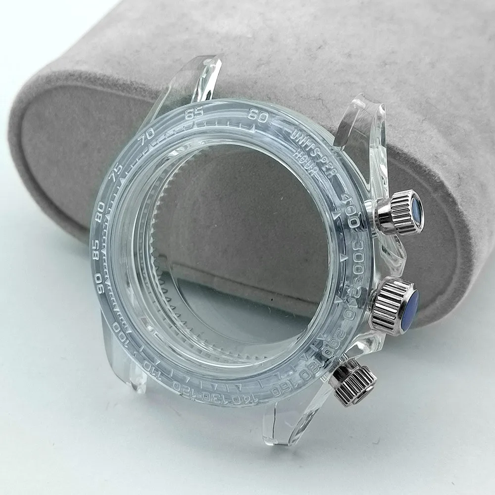 39,5 mm Modisches transparentes Acryl-Uhrengehäuse, passend für VK63-Uhrwerk, Uhrenzubehörteile, blau, gelb, weiß, Uhrenbox – Detail 7