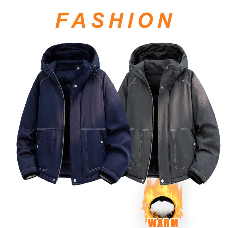 

American Trendy Brand Cotton Clothing Warm Casual Loose Men's Winter New Solid Color Hooded Bread Coat Thickened Loose Jacket