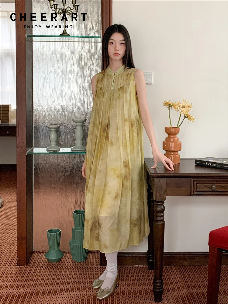 CHEERART Vintage amarillo Floral sin mangas vestidos largos transparentes 2025 mujer suelto plisado vestido Midi fluido ropa de verano