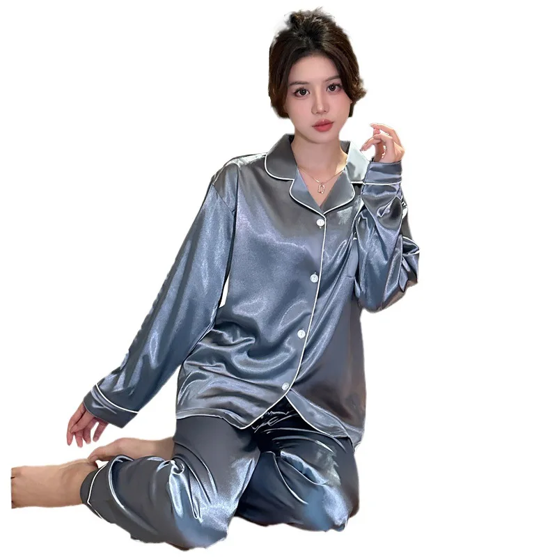 New Ladies Two-Piece Pajamas Casual Simulation Silk Homewear Spring And Autumn Summer Homewear Ice Silk Cardigan Set Pajamas