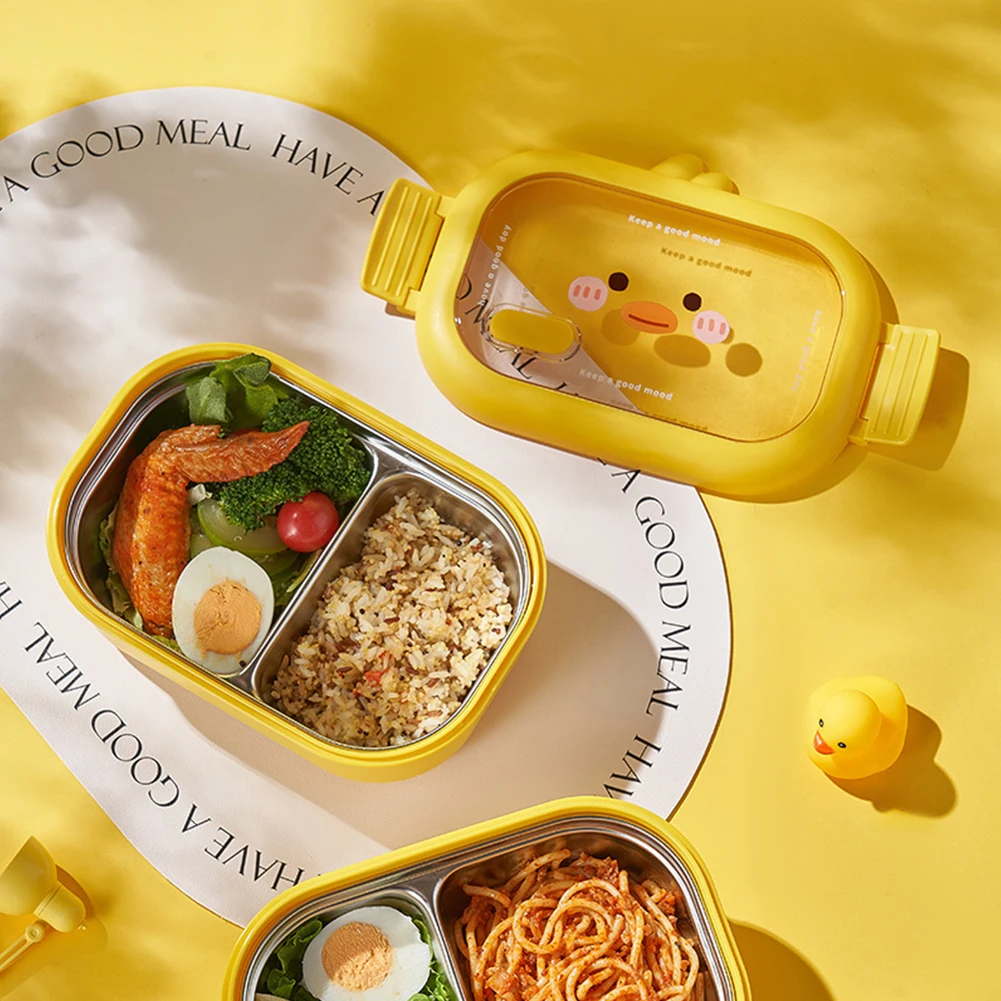 Stainless Steel Kids School Kawaii Bento Box Double Side Clip Sealed Portable Food Container 2 Cells Compartment Meal Box