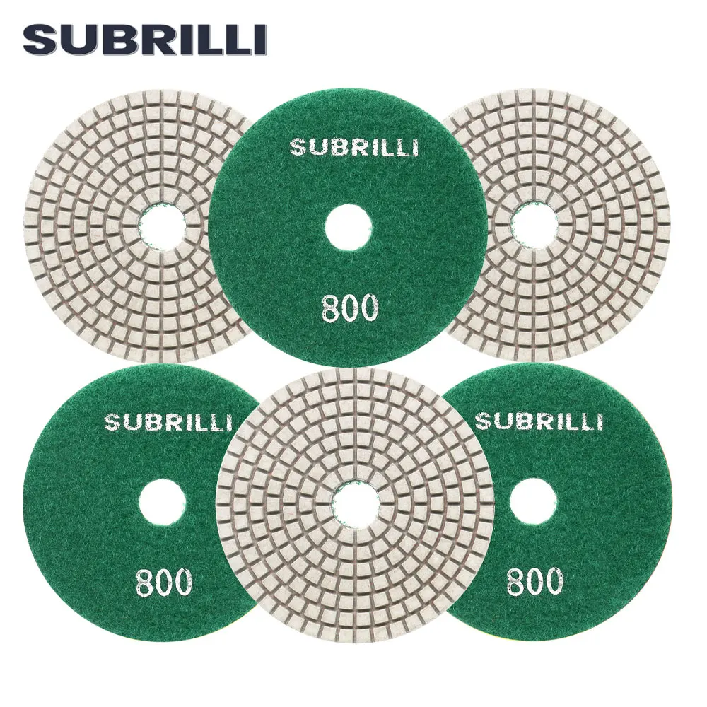 

SUBRILLI 6PCS 4" Dry Wet Diamond Polishing Pads Flexible Grinding Disc For Concrete Floor Stone Polish White Resin Bond 50-3000#