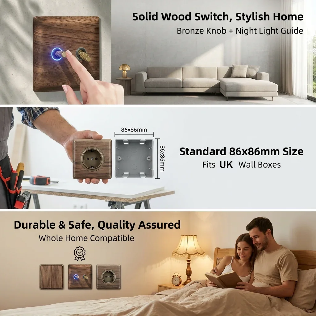 Retro Toggle Switch Wall Light Switch 1-4 Gang Real Wood Walnut Panel Antique Brass Knob with Blue LED Light 110-250V