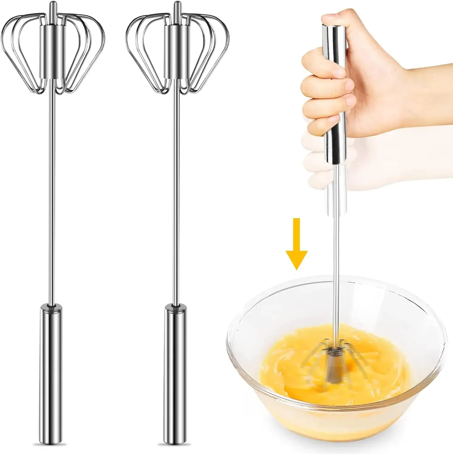 10Inch Egg Beater Semi-Automatic Stainless Steel Whisk Handhold Push-Type Self-Turning Cream Stirrer Manual Mixer Home Kitchen