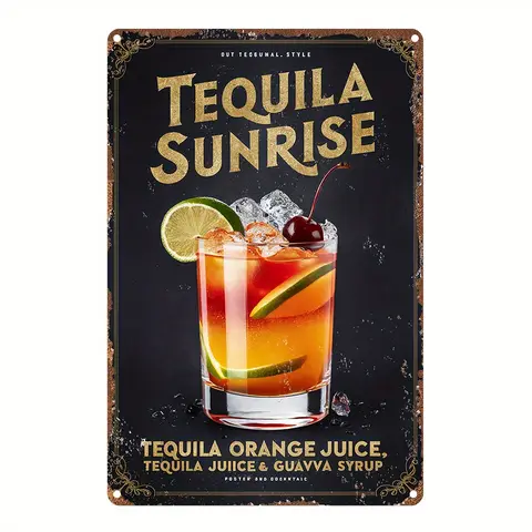 Vintage-Style Aluminum Wall Art Sign - Tequila Sunrise Cocktail Recipe Metal Tin with Roostertail Design, , Pre-Drilled Holes