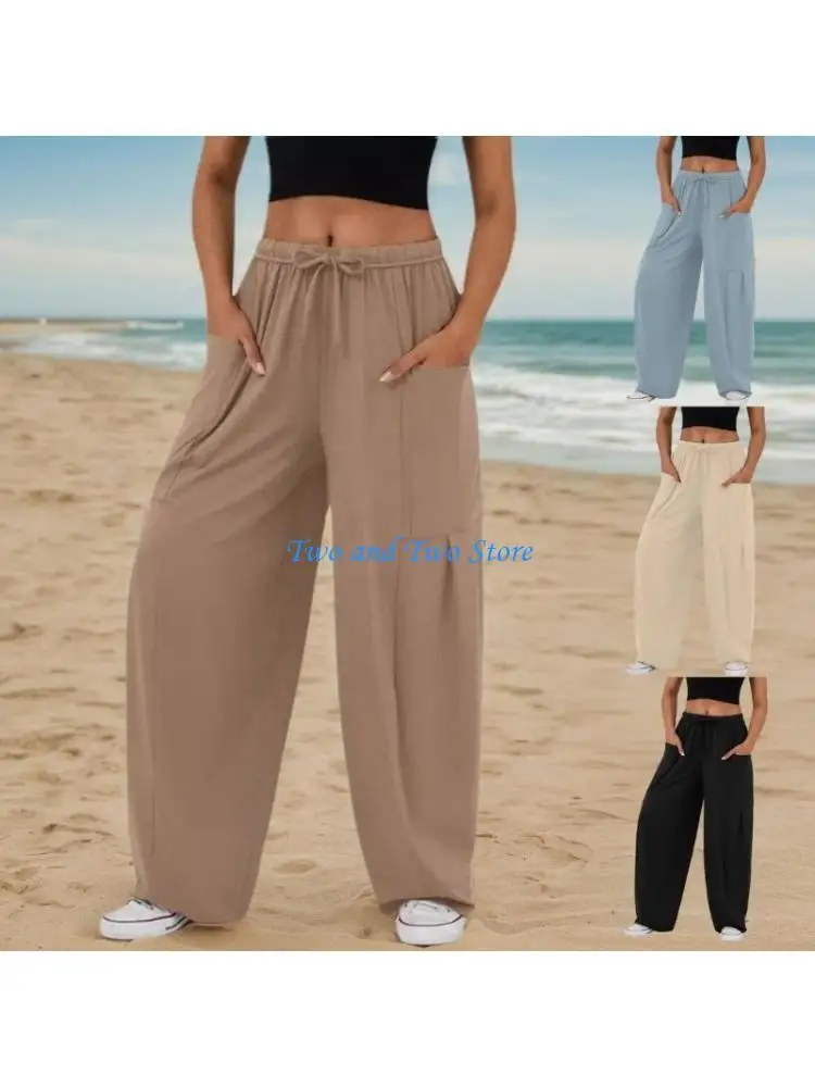 

HX6F Women Casual Elastic High Waist Wide Leg Pants Loose Long Palazzo Pants Trousers