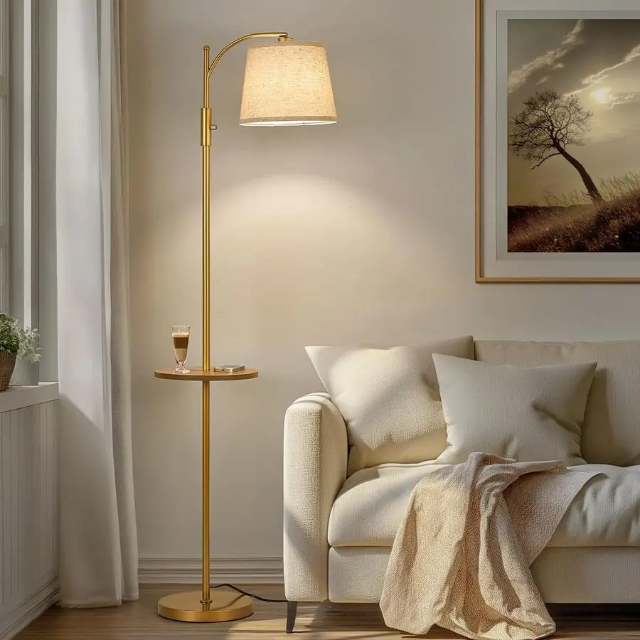 

Fully Dimmable Floor Lamp for Living RoomStanding Lamp Rotary Switch with TableampLinen Beige ShadeGolden Tall Lamps for Bedroom