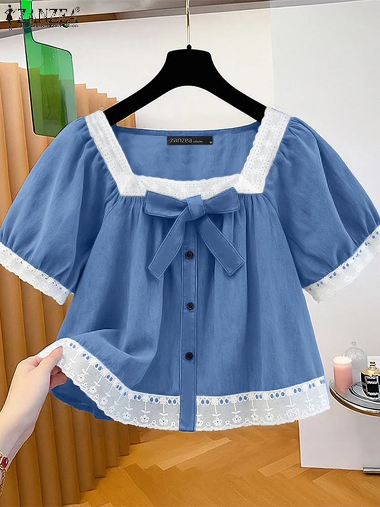 

ZANZEA элегантная женская рабочая блузка с квадратным вырезом и пышными рукавами, летняя рубашка, стильная кружевная лоскутная праздничная туника, топы на пуговицах, Blusas
