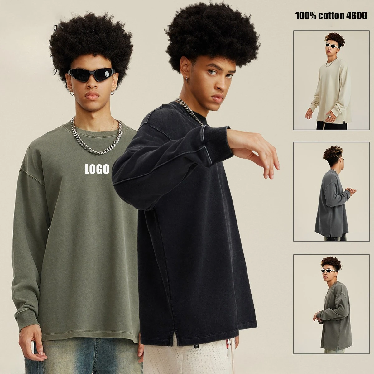 

Custom LOGO Men's 2025 Spring and Autumn 100% Cotton 460G Washed Heavy Long Sleeve T-Shirt American Retro Loose Split Sweater