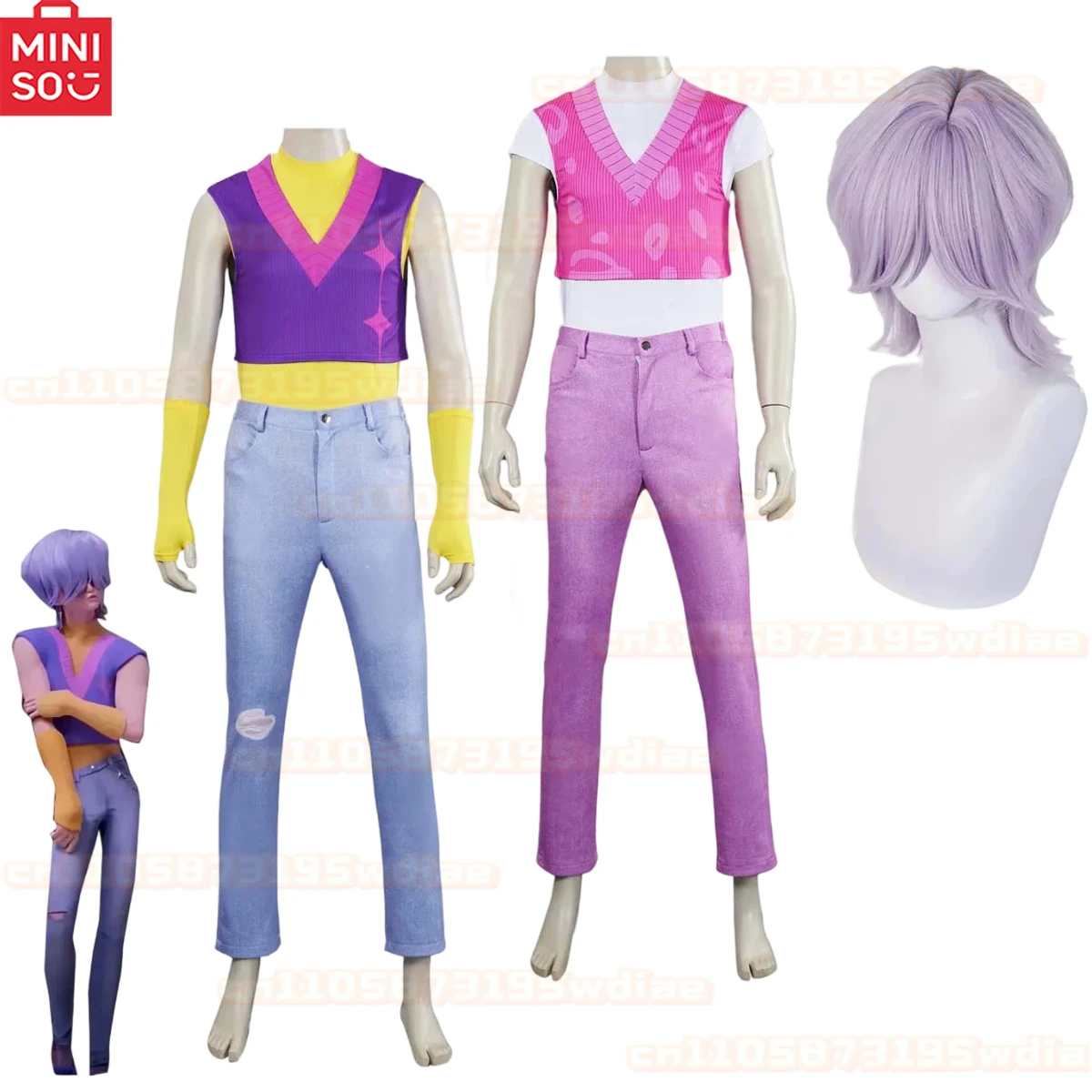 

MINISO saja boys Halloween Men KPop Demon Hunters Mystery Cosplay Pink Top Pants Set Wig for man kids cosplay Halloween costume