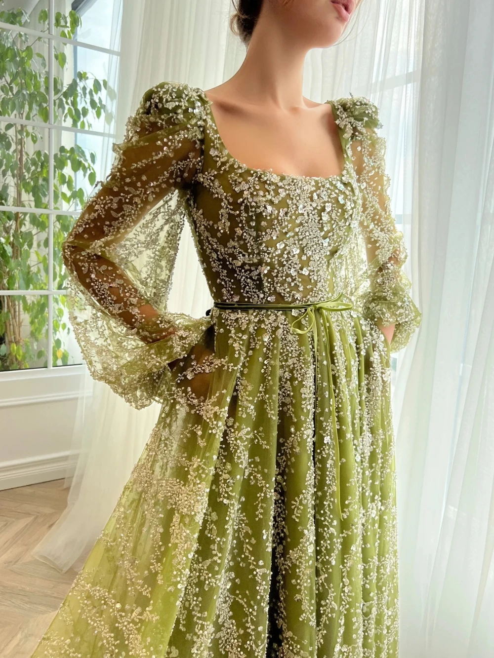 Delicated Floral Embroidered Evening Dress For Women Romantic Puff Sleeve Wedding Party Gown Customized Green A-line Prom Gown