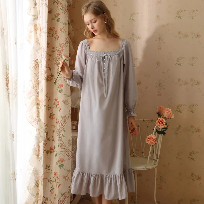 

Women Spring Autumn Pure Cotton Square Collar Long Sleeve Peignoir Vintage Nightgowns Sleepwear Princess Nightwear