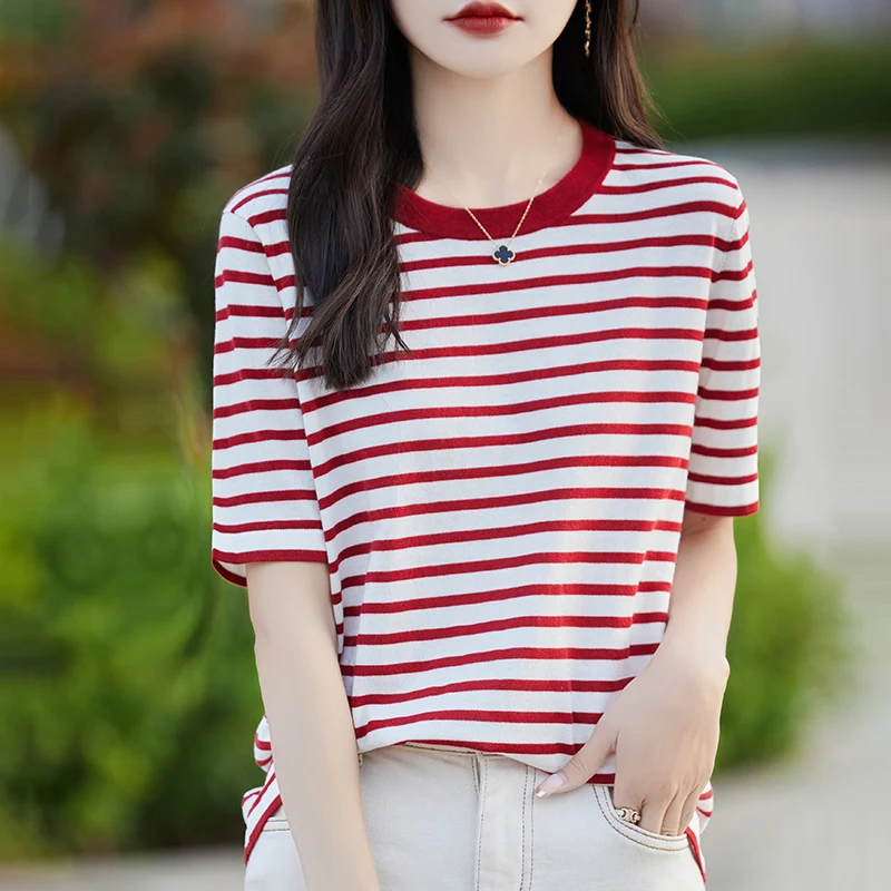 

Summer new wool knitted sweater short sleeved casual striped O-neck women's pullover T-shirt loose and fashionable versatile top