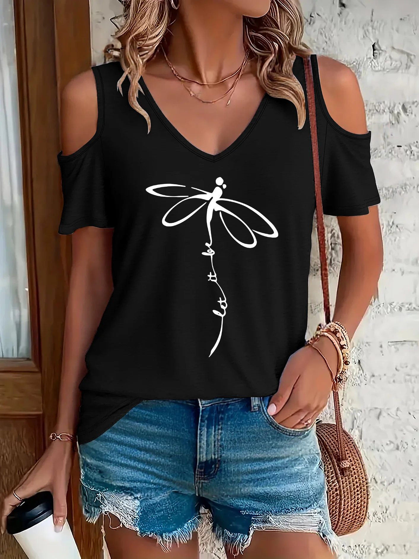 Vintage-Schmetterlings-T-Shirt, kurzärmelig, grafisches T-Shirt mit V-Ausschnitt, lässiges Oberteil für Sommer, Frühling, Damenbekleidung, weiches Hemd – Detail 2