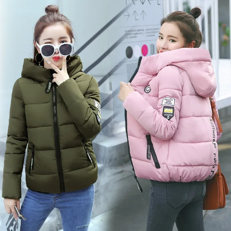 2025 New Slim Women Parkas Winter Thick Casual Hooded Fashion Letter Cotton Warm Short Jackets Korean Zipper White Ladies Coats