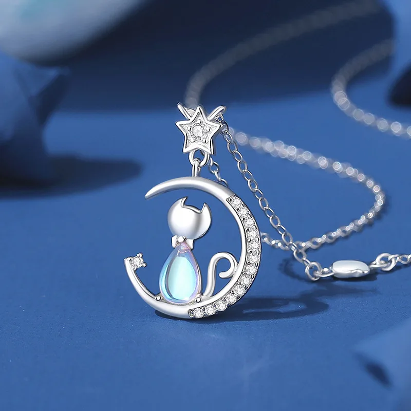 Women\'s European Sparkling S925 Sterling Silver Pave AAA CZ Cat Moon Jewelry Set - Necklace Earrings Bracelet for Birthday Gift