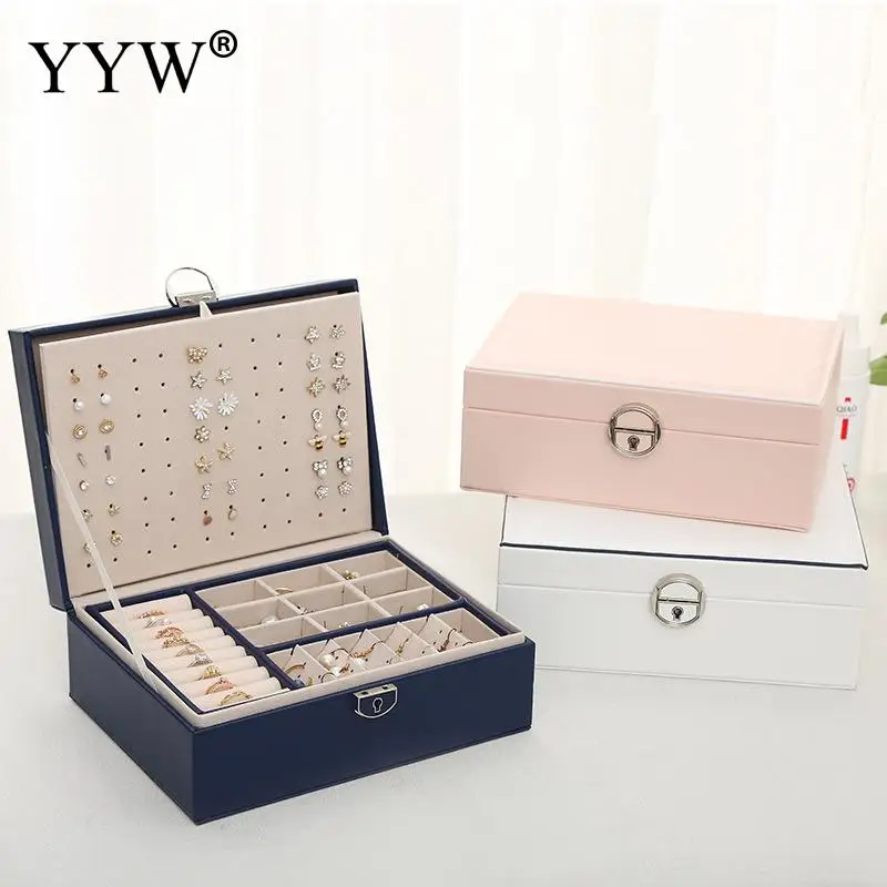 Jewelry Box Women Gift Large Leather Jewelry Organizer Storage Case With Two Layers Display For Earrings Bracelets Rings Watches