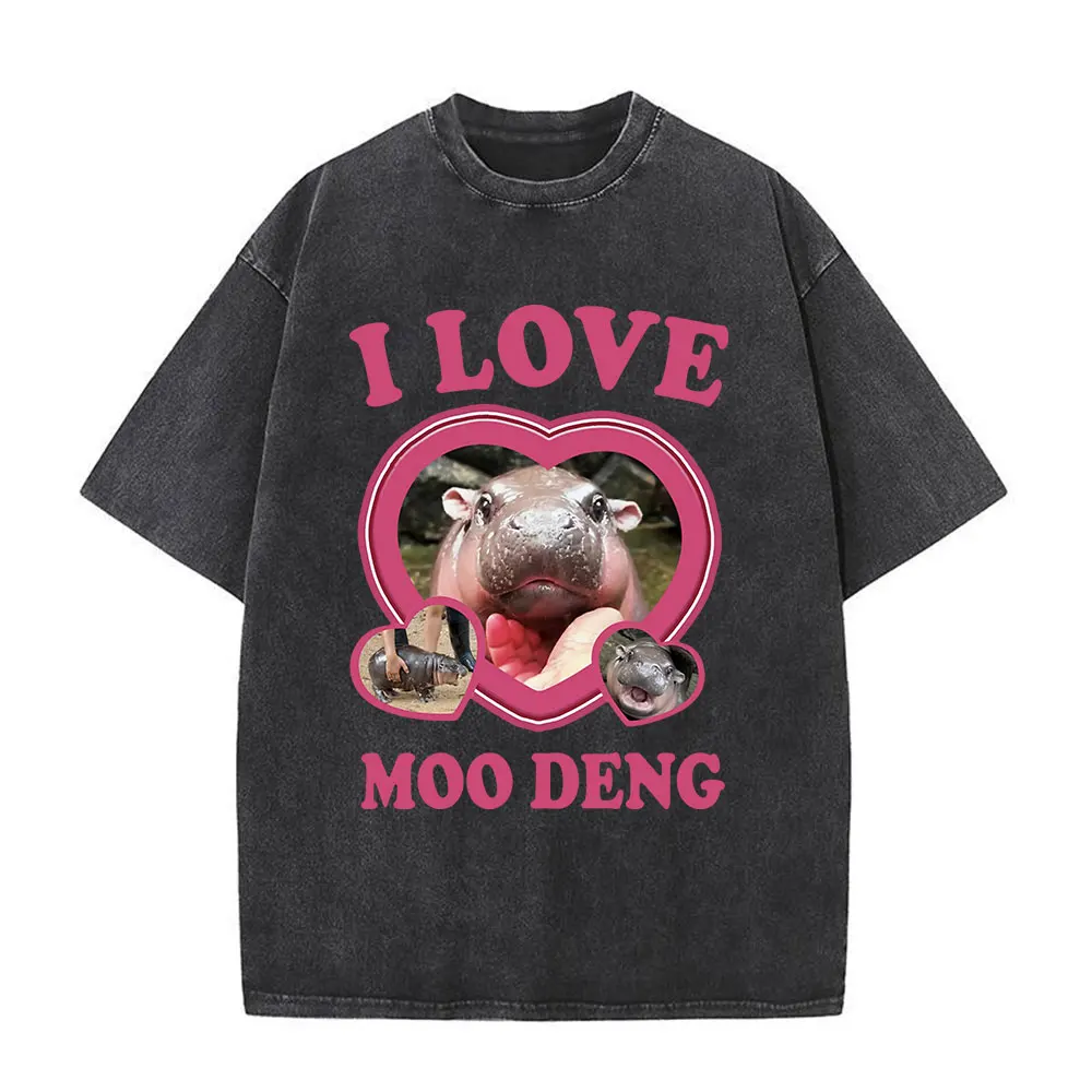 Moo Deng Is Calling Answer Call Phone T-Shirt Cute Baby Hippo Funny Vintage Washed T-shirts Cotton Casual Short Sleeve T Shirts