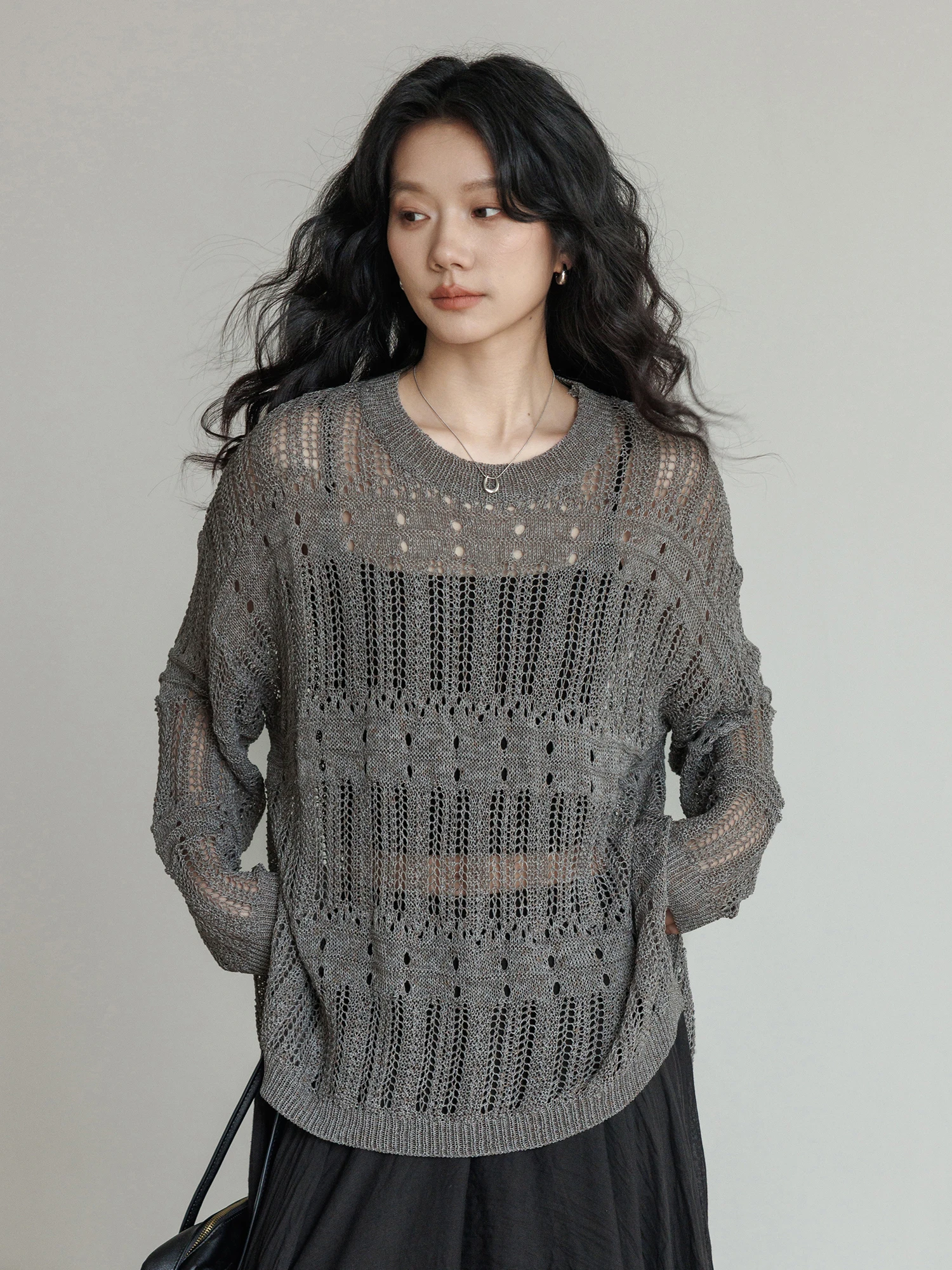 

Spring Women's round Neck Knitted Sweater Loose Fit Sun Protection Hollow out Design Casual Style Long Sleeve Top