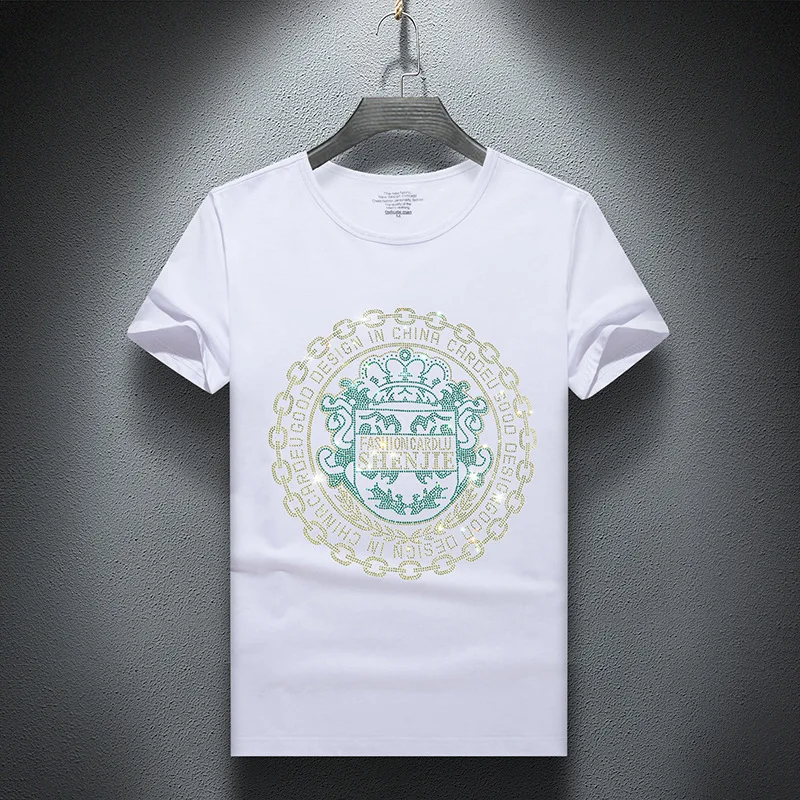 2025 Abstract Pattern Rhinestones T Shirt Men Summer Tops Fashion Streetwear Short Sleeve O Neck Slim T-shirts Man Plus Size 7XL