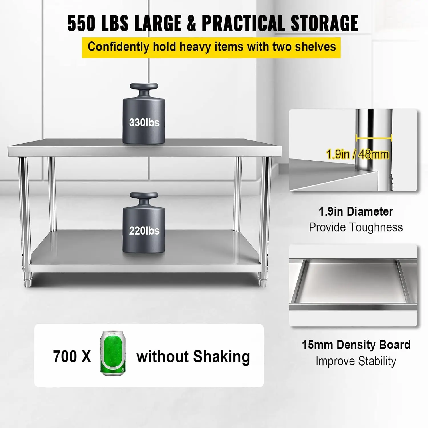 Stainless Steel Prep Table, 72 x 30 x 34 Inch, 550lbs Load Capacity Heavy Duty Metal Worktable with Adjustable Undershelf