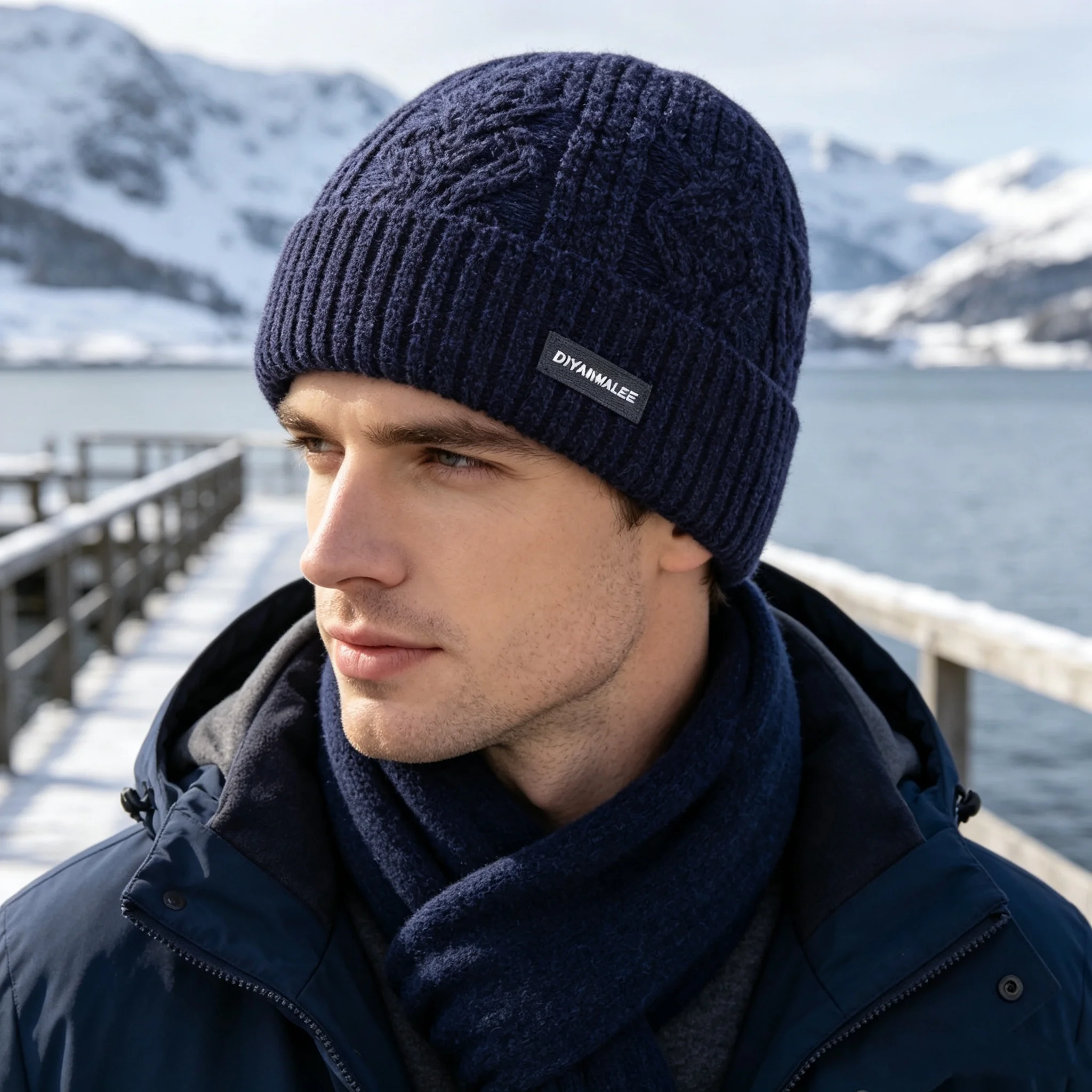 Men's Autumn and Winter Chenille Cuffed Knit Hat, Outdoor Warm Cable Knit Hat with Woven Label, Windproof Ear Protection Wool Hat for Outings