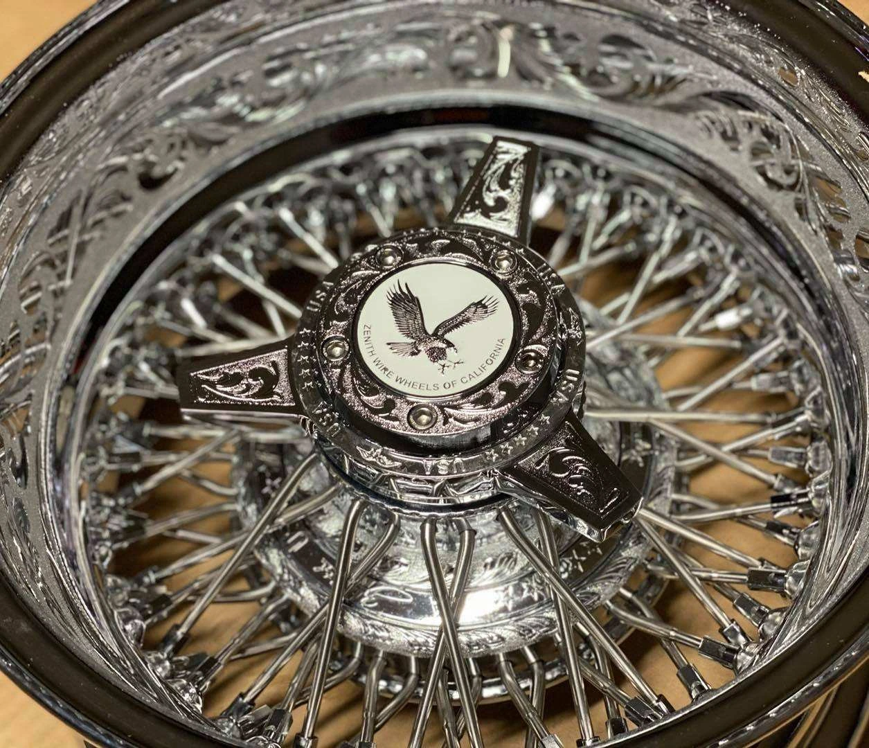 Custom 13x7 13x5.5 All Chrome 72 Cross Spoke Laced 4/5/6 Lug Wire Wheel with Fully Engraved Hub and Lips