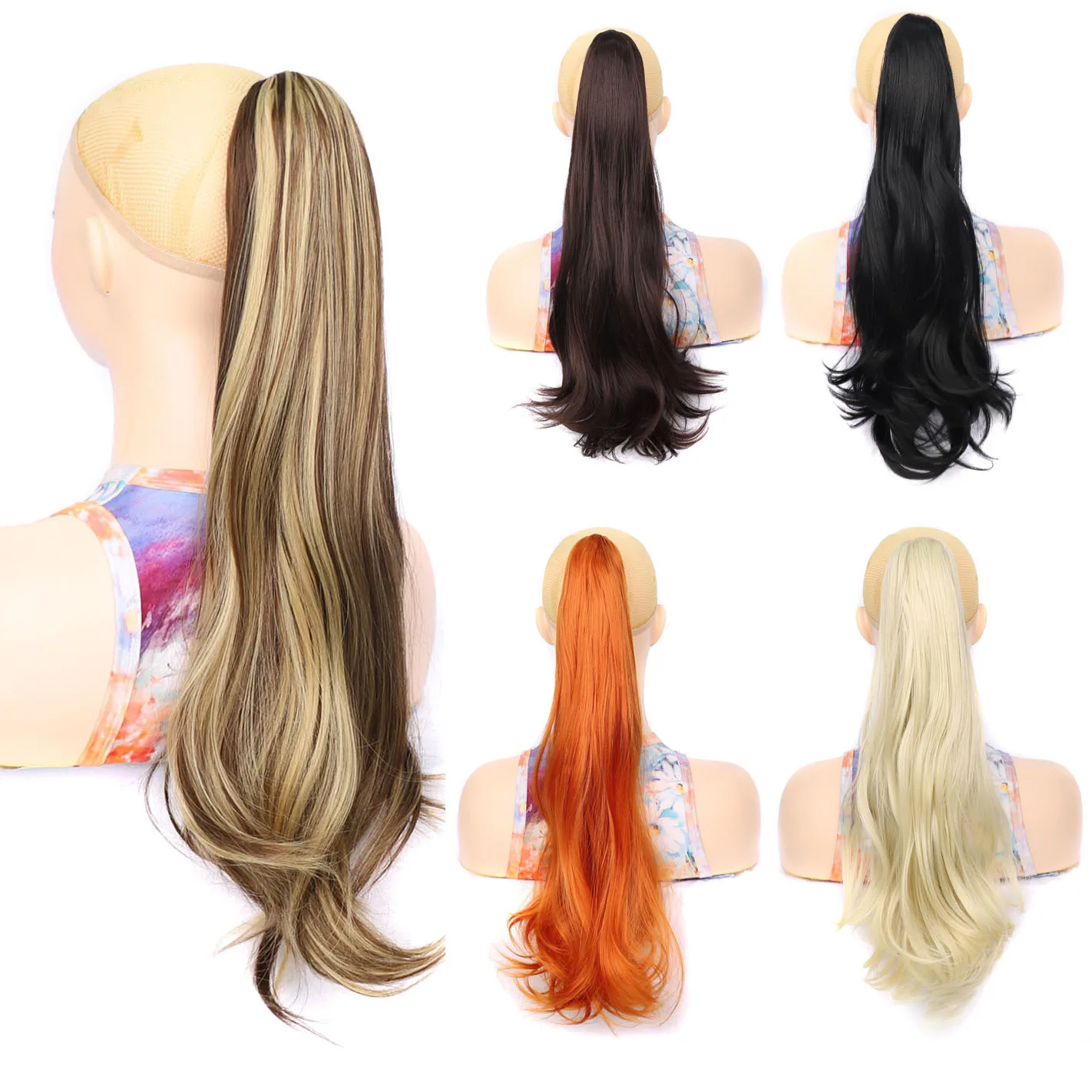 New Synthetic Ponytail Wig Women Long Curly Clip-In Hairpiece with C Curl Ends, Natural-Look Wavy Extension, Daily Party Cosplay