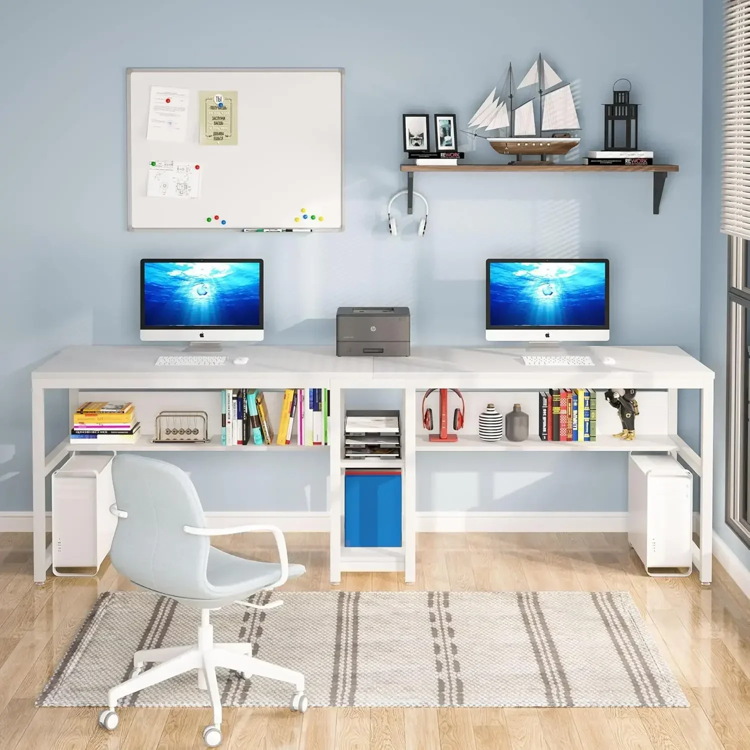 Two Person Desk with Bookshelf, 78.7 Computer Office Double Desk for Two Person, Rustic Writing Desk Workstation (White)