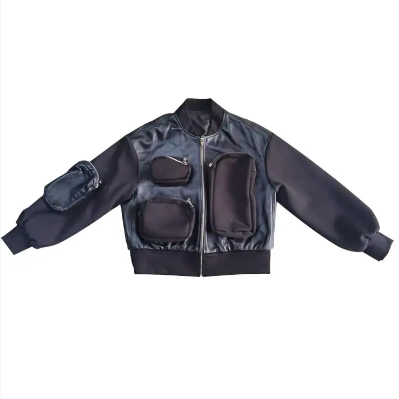 Giacca da donna in vera pelle elegante patchwork colletto alla coreana cappotto corto in pelle di montone giacca da motociclista casual Y4448