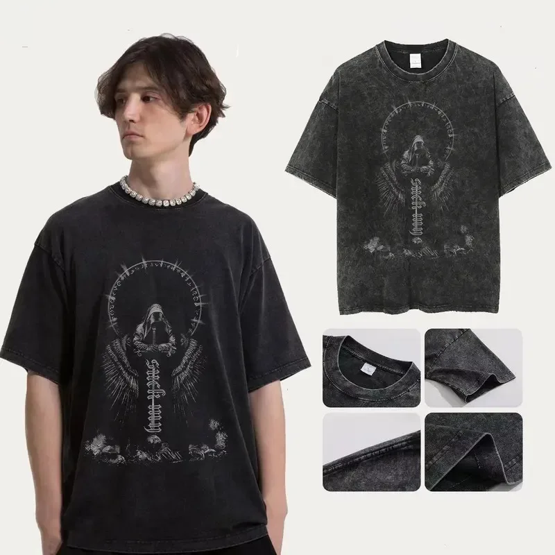 

100% Cotton Y2K Washed Tshirts Hip Hop Retro Punk Gothic Print T-Shirts Harajuku Casual Vintage Men Women Short Sleeve Top Tee