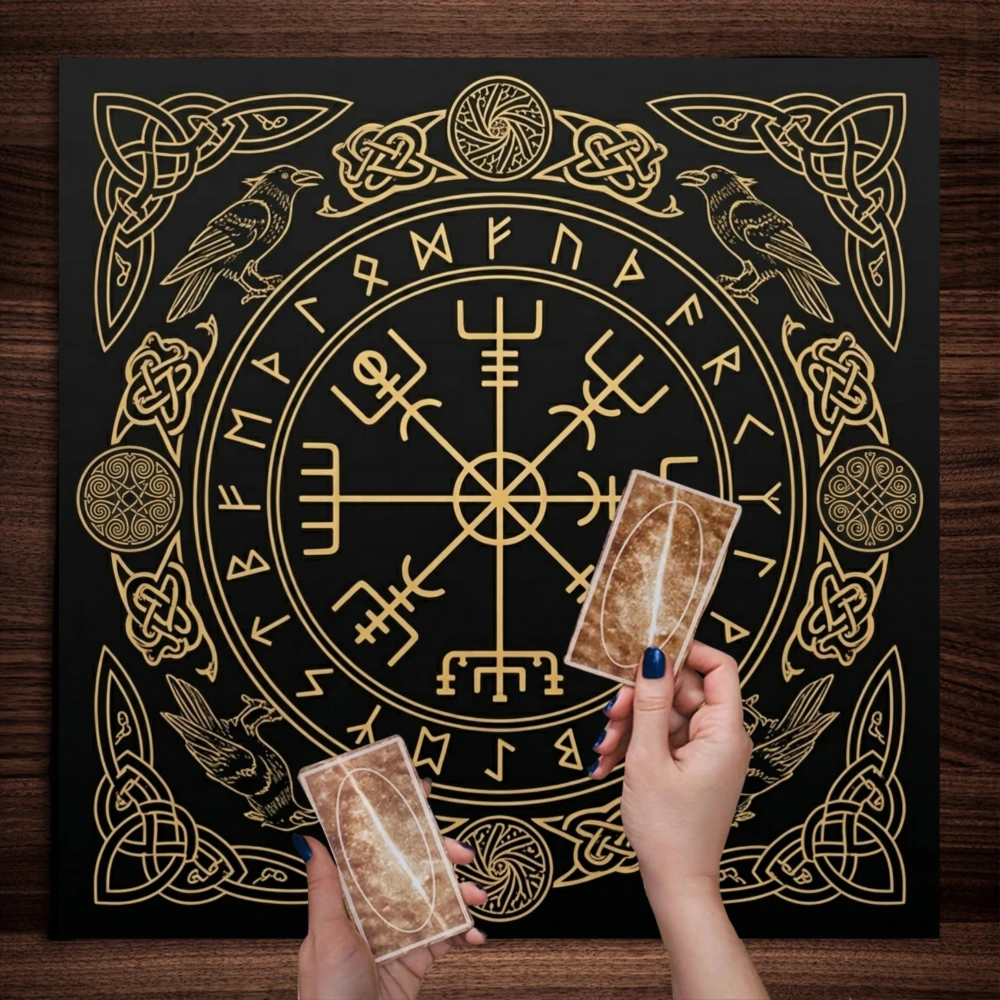 1pc 2D‑Printed Party Tablecloth, Vintage Mystic Black‑gold Nordic Viking Style, Central Compass, Ancient Runes
