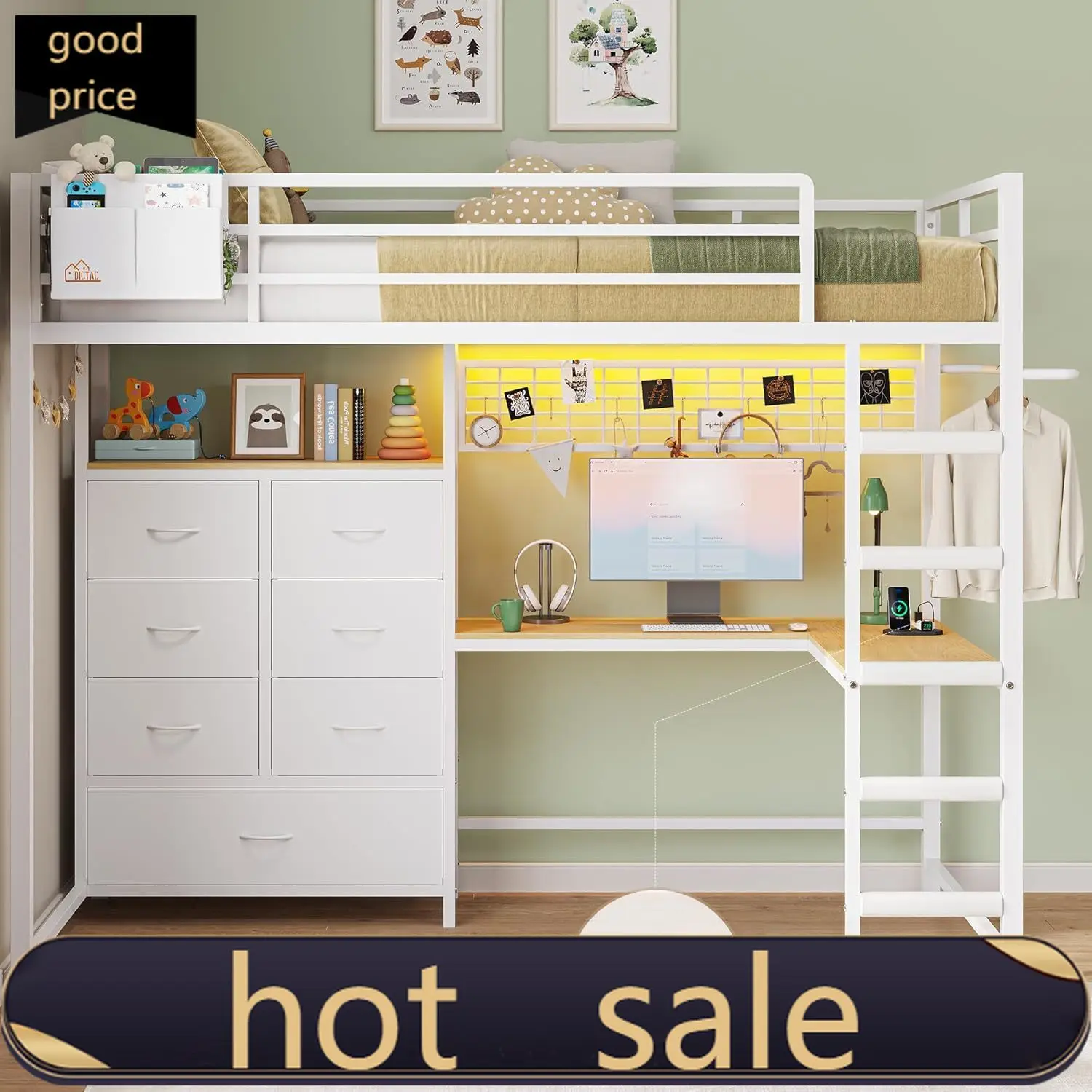 DICTAC Twin Size Loft Bed with L-Shaped Desk and 7 Storage Drawers,Metal Twin Loft Bed for Kids with LED Lights and Charging Sta