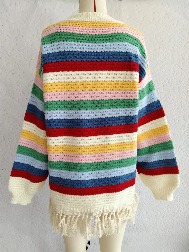 Colorful Striped Fashion Knitted Sweater Autumn Winter Retro Tassel Women's New Casual Round Neck Sweater Свитер Женский 6