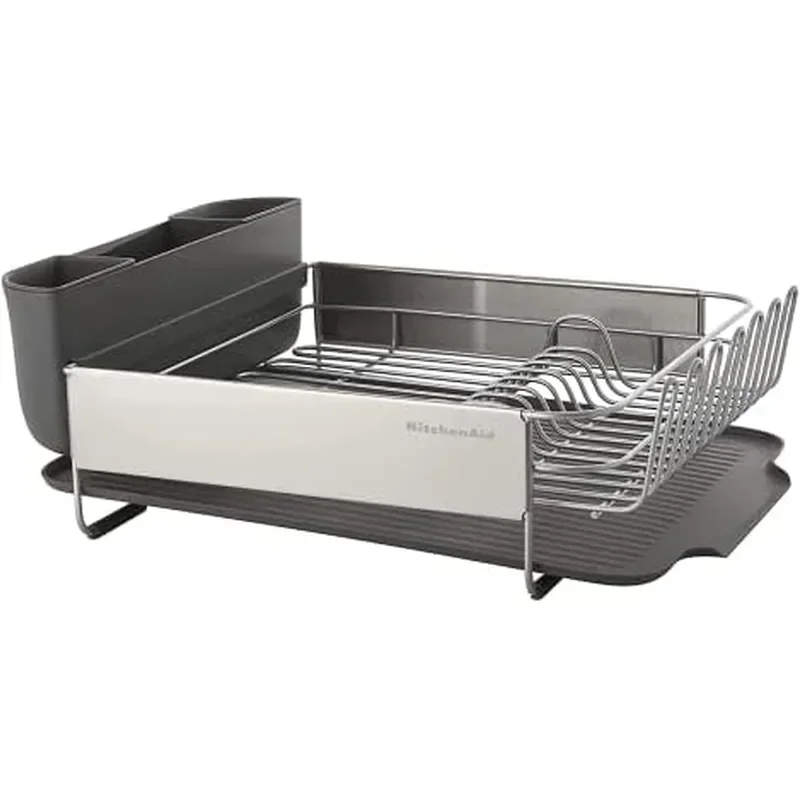 Large Capacity Fully Size Self Draining Rust Resistatant Satin Coated Dish Rack with Removable Flatware Caddy 20.47-Inch Gray