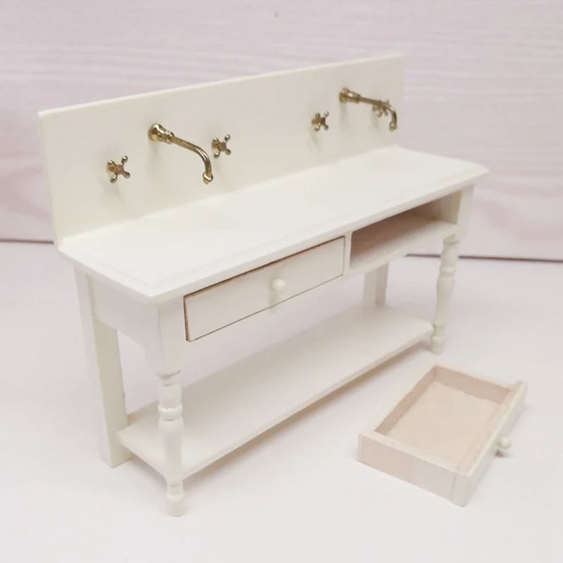 1:12 Dollhouse Miniature Bathroom Kitchen Faucet Table Wash Basin Cabinet Model Dollhouse Furniture Accessories Toy