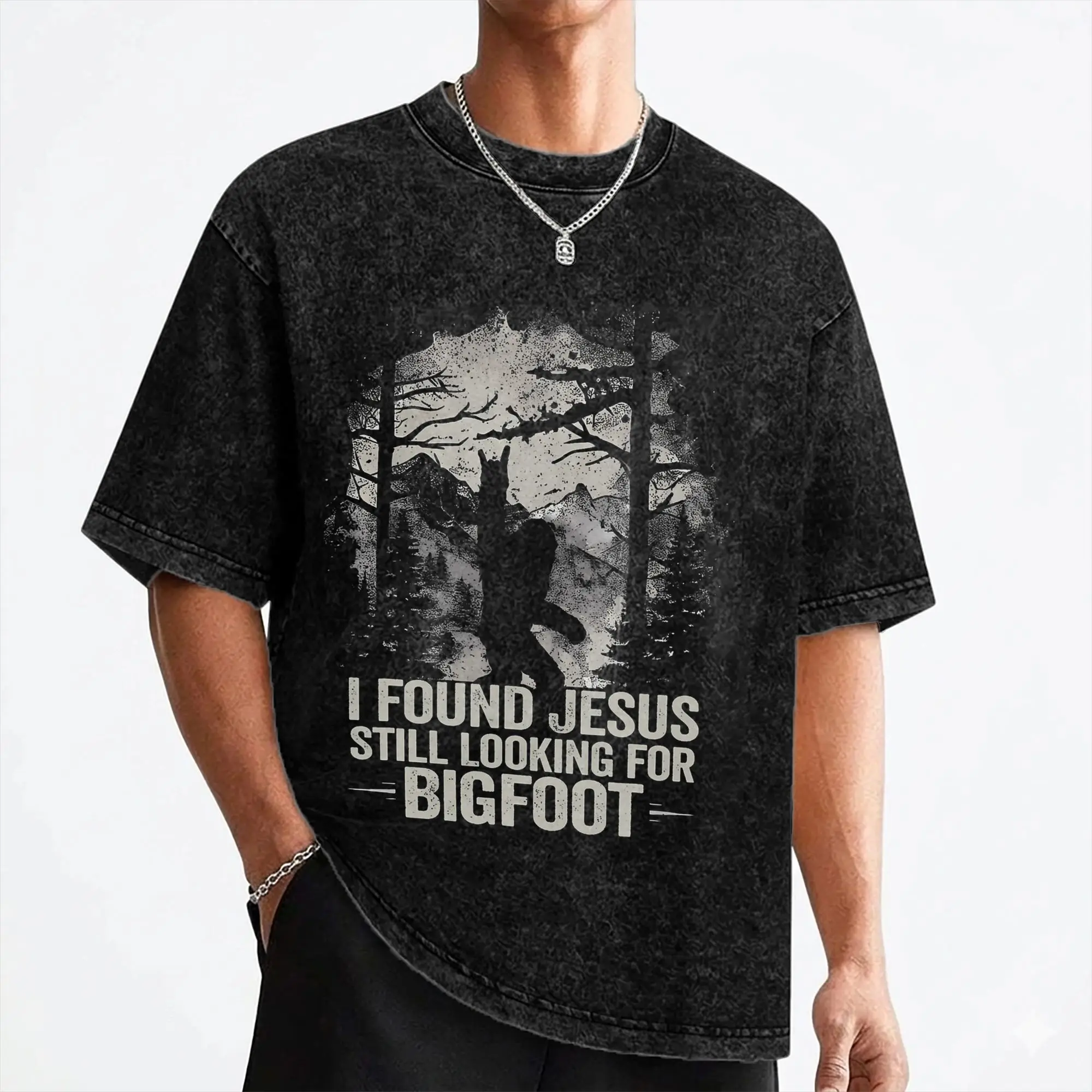 Washed T Shirt I Found Jesus Still Looking For Bigfoot Funny Christian Hip Hop T-Shirts Oversize Streetwear Tees for Men Women