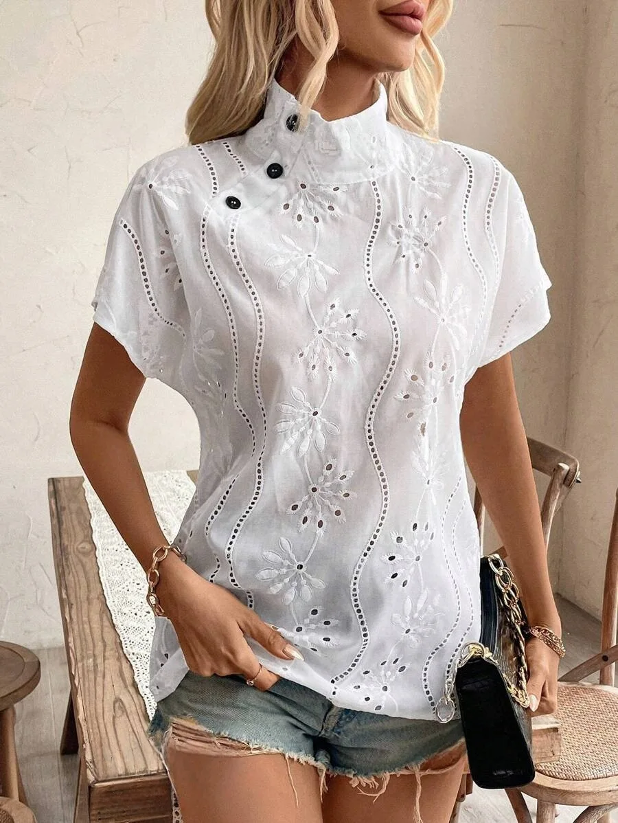 

2025 Spring/Summer White Blouse Short Sleeve Hollow Fashion Stand Up Collar Button Casual Pullover Striped Shirt Top Y2K Blusa