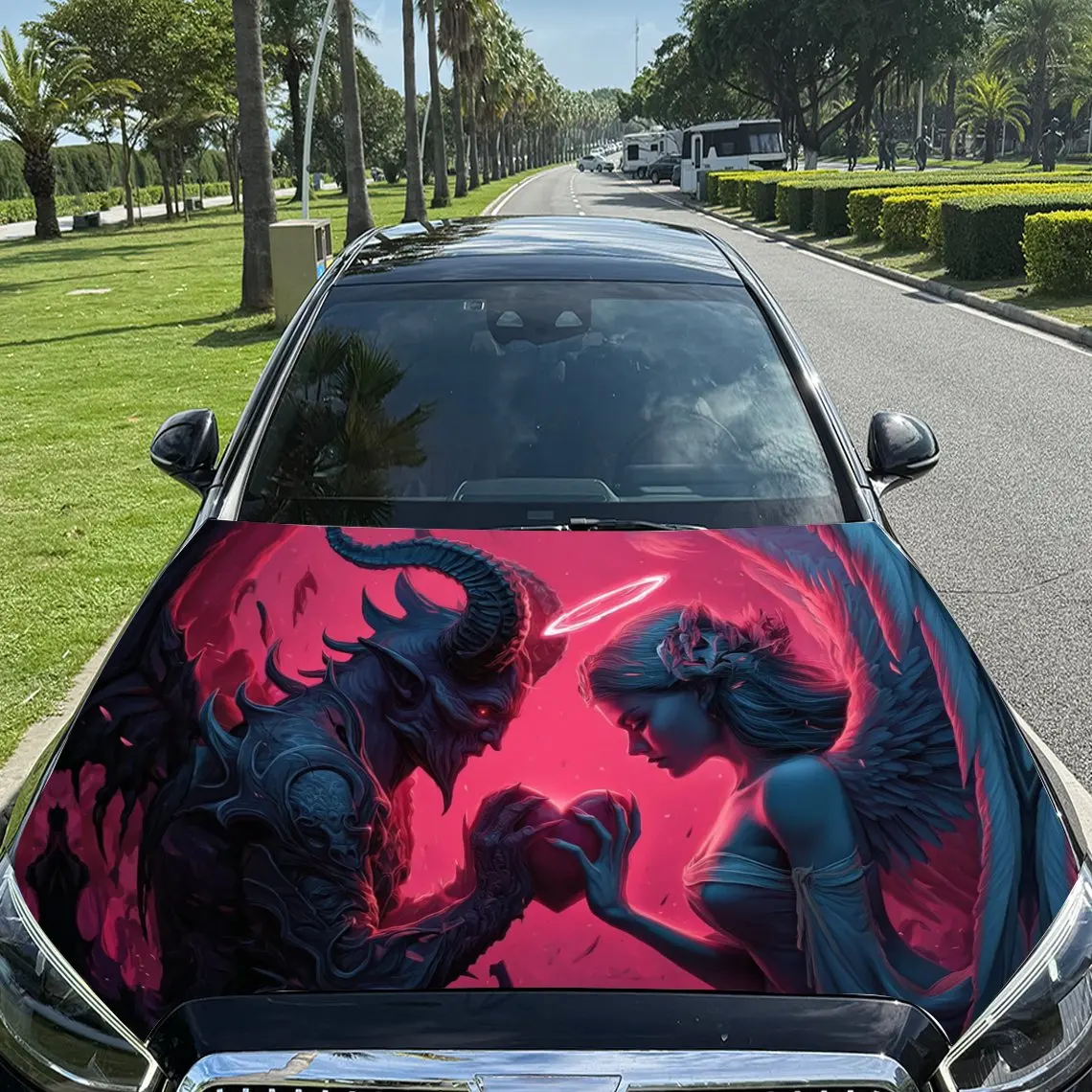 

Demon and Angel Love Car Vinyl Wrap, PVC Material Waterproof Car Hood Sticker, Self-Adhesive Scratch-Resistant Stickers for Engi