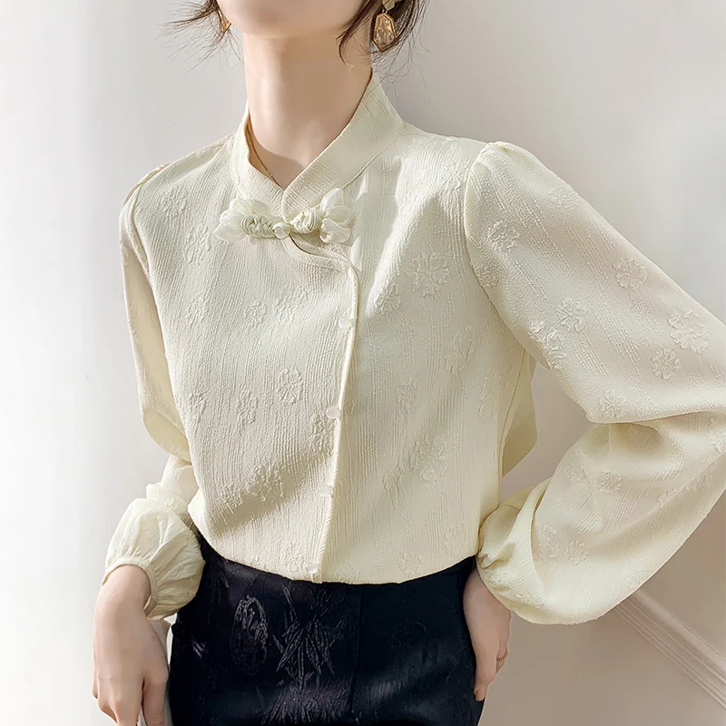 New 2024 Spring Jacquard Blouse For Womens Elegant White Shirts & Blouses Long Sleeve Tops Mujer Chinese Style Fashion Blouse