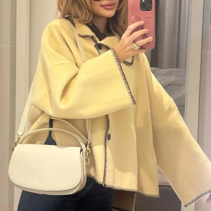 

Women Stand Collar Single Breasted Autumn Winter Jacket Simple Solid Long Sleeved Loose Coat Fashion High Street Pocket Outwear