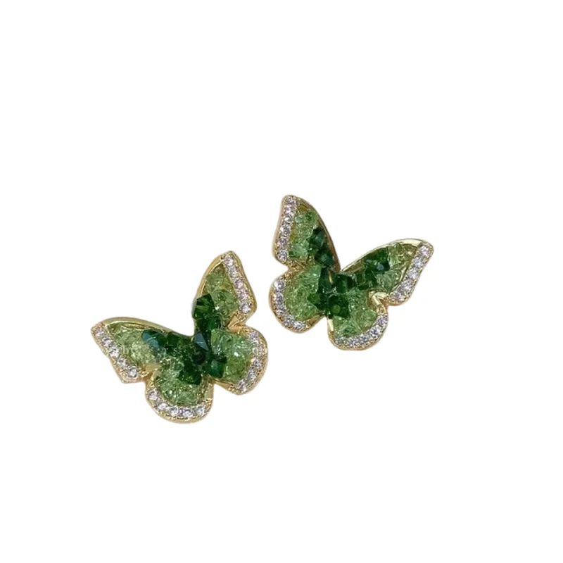 

style green crystal butterfly earrings with niche design, high-end feeling earrings, light luxury exquisite earrings for women