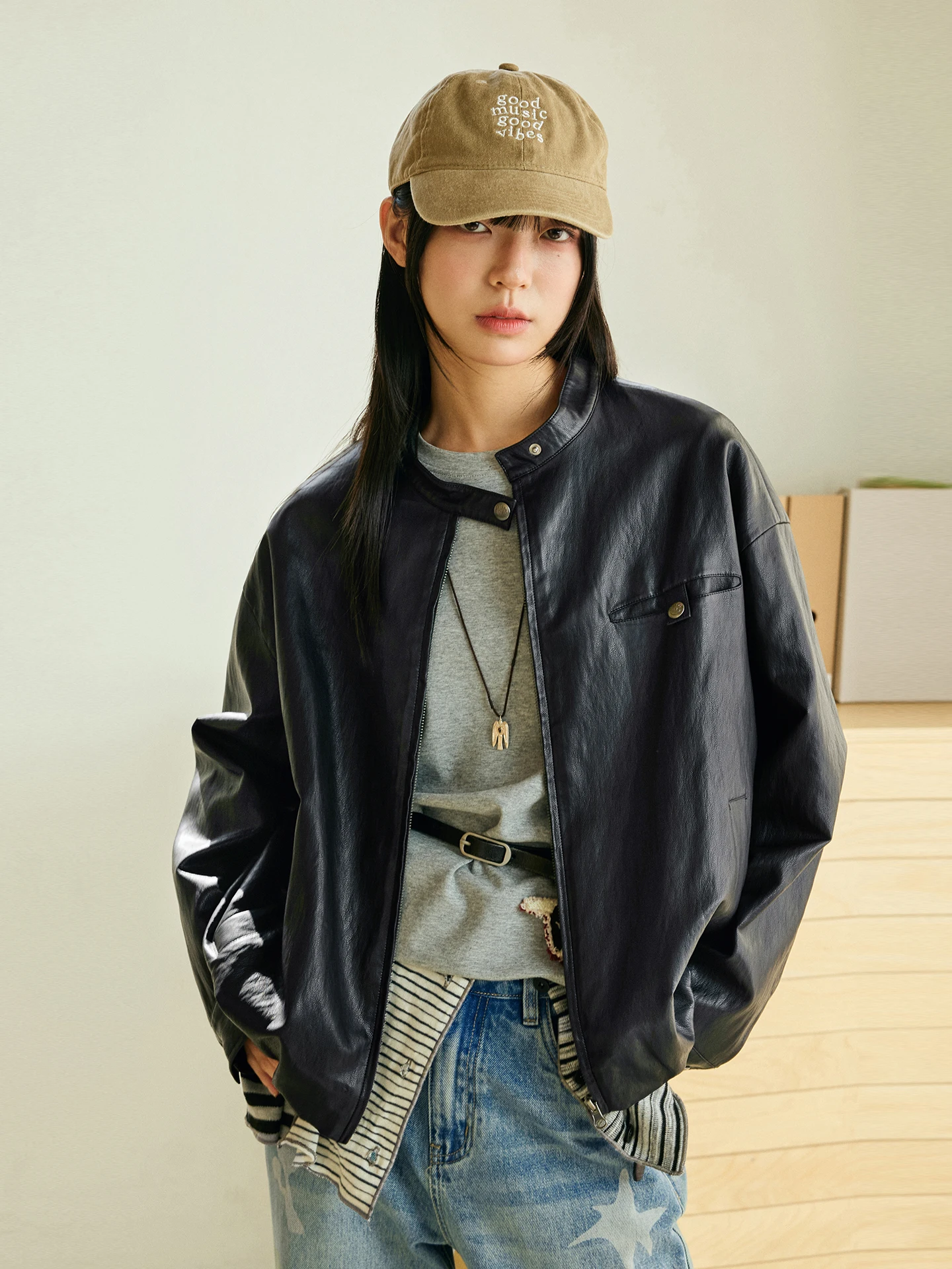 Octopusme Protein Leather Jaet Retro Stand Collar ort Outerwear for Women Commute Sle Zipper Straight Tube ape