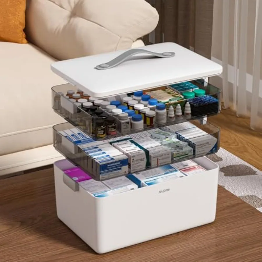 3-Tier Medicine Storage Box Cabinet Empty First Aid Kit Portable Medical Supply Organizer with Leather Handle for Home 3-Tier M
